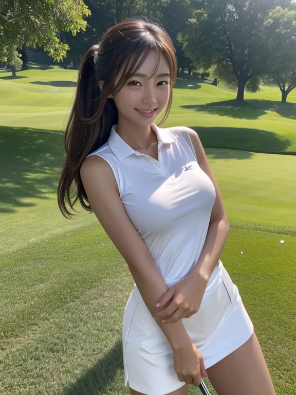 1 girl, Asian, Graceful and beautiful, beautiful girl,slim, Real skin tones, Soft Light, masterpiece, 最high quality, Photorealistic, High resolution, Detailed skin, 8K Ultra HD, Soft Lighting, high quality, Film Grain, Topless Golf Uniform, Soft hairy pussy, Golf club、smile、