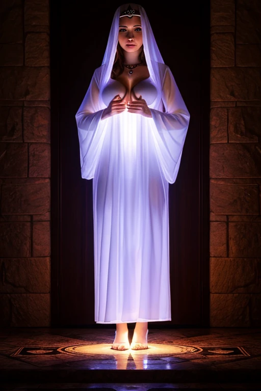 Priestess doing a ritual translucent clothing large breast