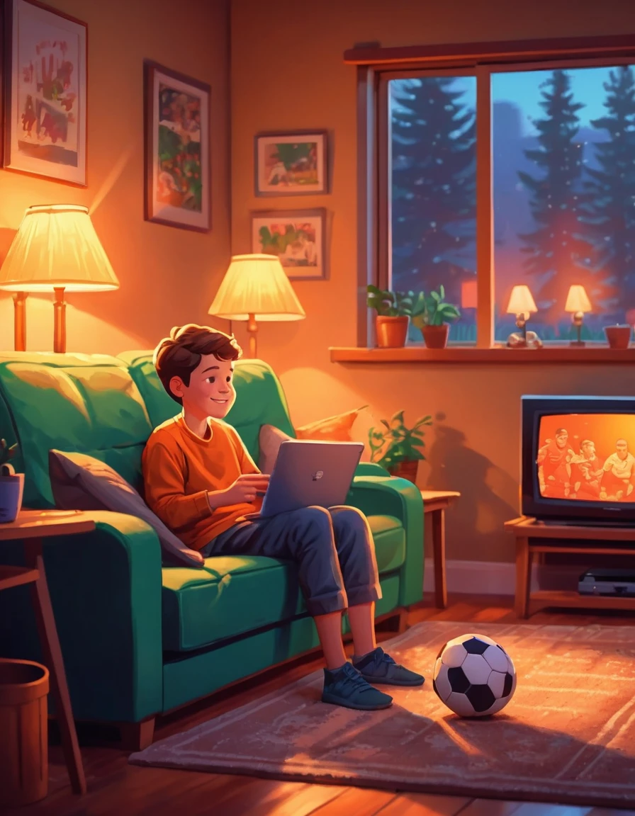 a happy watching soccer on tv in a cozy living room, mother nearby, warm lighting, vibrant colors, 1boy, cozy interior, comfortable living room, mother figure, 4k, high resolution, pixel-style art, animated facial expressions