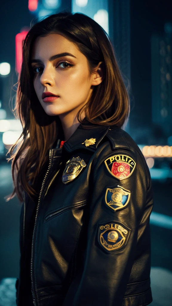 Portrait of a beautiful female model natlp, Georgia Fowler, Beautiful Face, Short dark brown hair, Cyberpunk city at night. She is wearing a leather jacket, Black jeans, Dramatic lighting, (Police Badge:1.2)