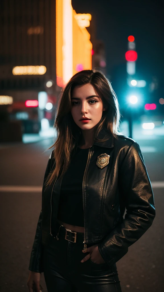 Portrait of a beautiful female model natlp, Georgia Fowler, Beautiful Face, Short dark brown hair, Cyberpunk city at night. She is wearing a leather jacket, Black jeans, Dramatic lighting, (Police Badge:1.2)