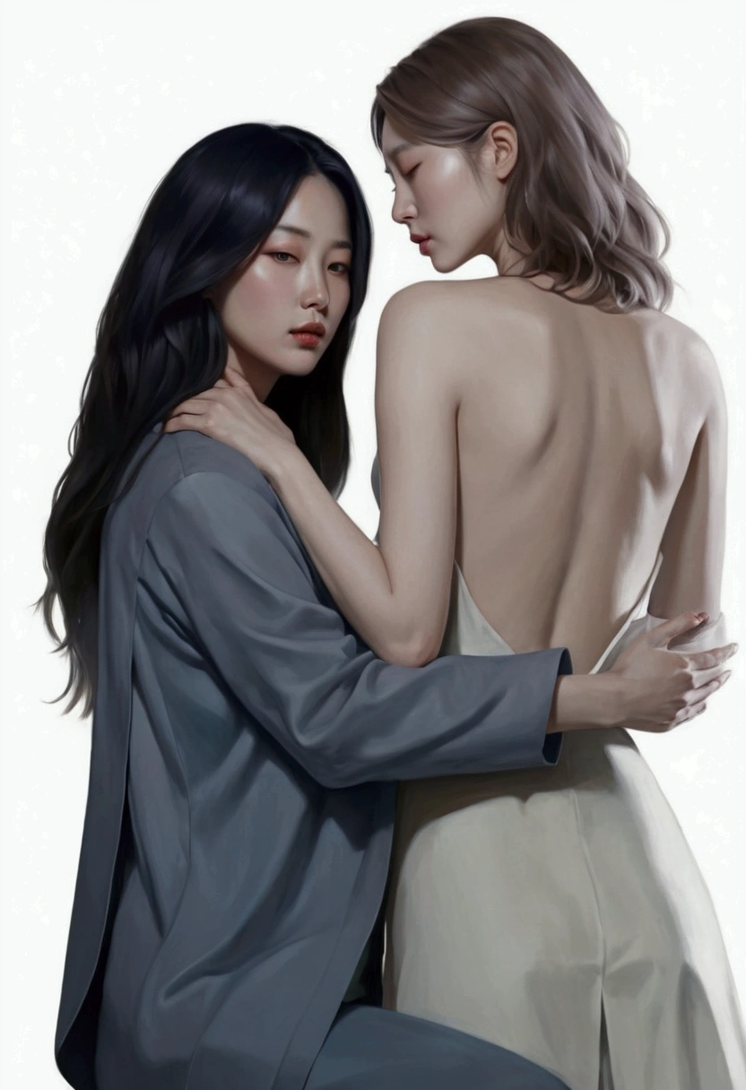 painting of two women hugging each other in a pose, Lesbian Art, โดย Jeong Seon, In the art form of the pond, two women, Spectacular painting, A woman holds another woman., By Li Song, two women, Lesbian embrace, Inspiration from Kim Deuksin, By Nil Gleyen, Style in digital painting, By Yang J