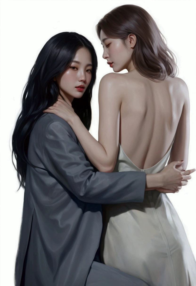 painting of two women hugging each other in a pose, Lesbian Art, โดย Jeong Seon, In the art form of the pond, two women, Spectacular painting, A woman holds another woman., By Li Song, two women, Lesbian embrace, Inspiration from Kim Deuksin, By Nil Gleyen, Style in digital painting, By Yang J