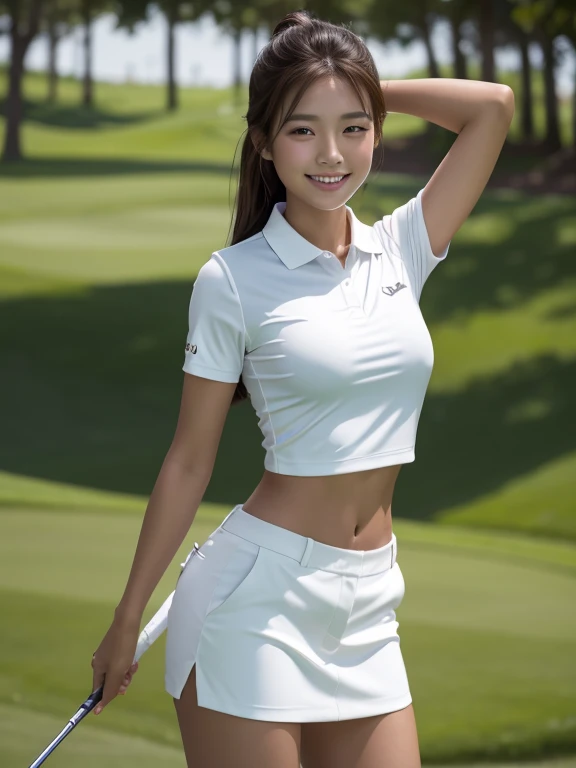 1 girl, Asian, Graceful and beautiful, beautiful girl,slim, Real skin tones, Soft Light, masterpiece, 最high quality, Photorealistic, High resolution, Detailed skin, 8K Ultra HD, Soft Lighting, high quality, Film Grain, Topless Golf Uniform, Soft hairy pussy, Golf club、smile、