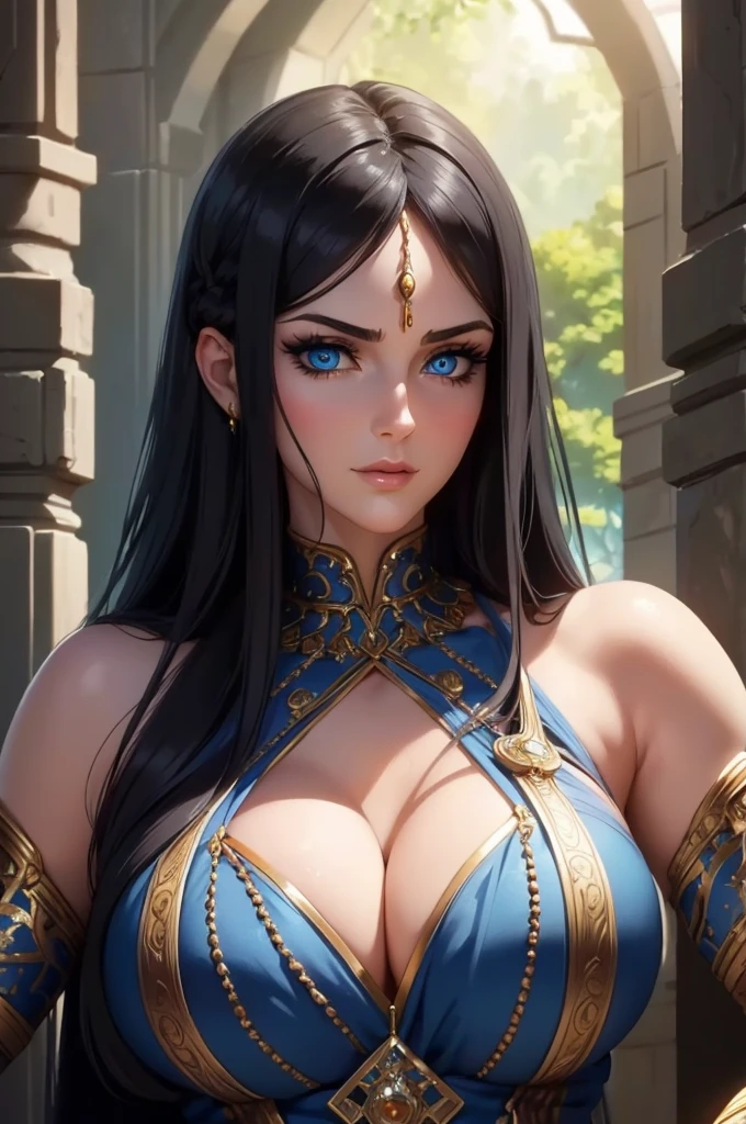 Epic fantasy art, Ultra-fine illustrations, High resolution, Very detailed, masterpiece, 1 female, alone, Adult, mature, tall, Voluptuous body, ((Very beautiful face:1.5)), Long and straight hair, Black Hair, ((beautiful and delicate blue eyes:1.1)), Long eyelashes, Ancient dancer&#39;s costume, Highly revealing, (((Night view with a dark forest in the background))), Gemstone Necklace, Circlet, Sexy pose, whole body,