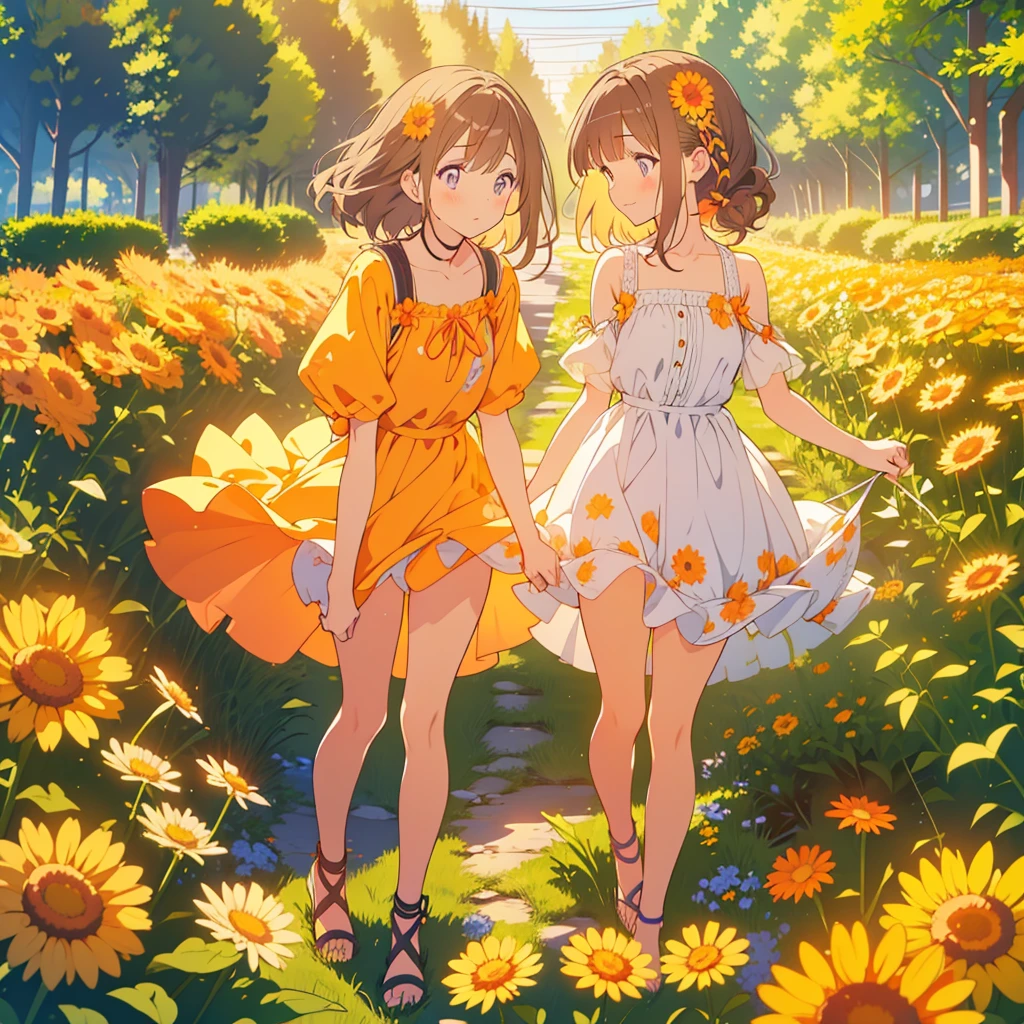 kawaii, anime, Cute, hyper quality, highly detailed, 8k, Clarity, Draw facial expressions in detail, Girl with long dark brown hair and green eyes, Girl with long pale pink hair and purple eyes looking back, Small and short calendula spreading underfoot, A hill where small and short calendula grow in clusters at the foot, Inciting point of view, Calendula petals are dancing, back to back, look down with a sad expression, Turning face, whole body, draw two people, small calendula at my feet, small Calendula officinalis at my feet, dress, farewell, Loneliness, sadness of parting, Sad, broken heart, A flower garden spreads out at your feet, 