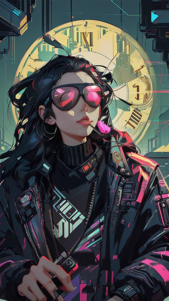 arafed  girl with sunglasses smoking a cigarette in front of a clock, inspired by Alex Petruk APe, by Alex Petruk APe, bored ape nft, in style of beeple, cyberpunk art style, in style of kar wai wong, beeple!!, beeple masterpiece, beeple |, in style of digital illustration