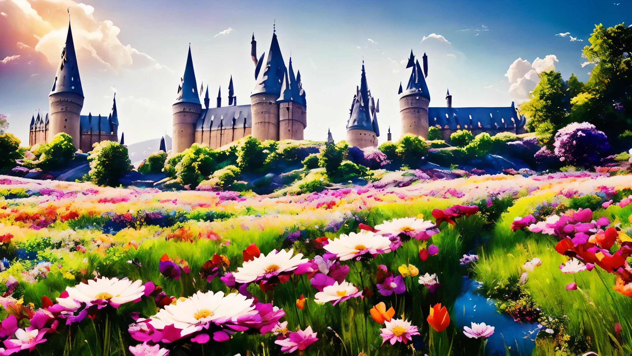 flowery and colorful rustic countryside scenario, fairy like, hogwarts style,