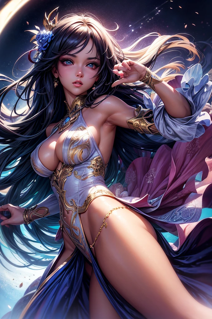 a sexy anime girl,beautiful detailed eyes,beautiful detailed lips,extremely detailed eyes and face,longeyelashes,1girl,dynamic pose,cinematic lighting,vibrant colors,highly detailed,elegant dress,glowing skin,warm lighting,intricate background,photorealistic,concept art,digital painting