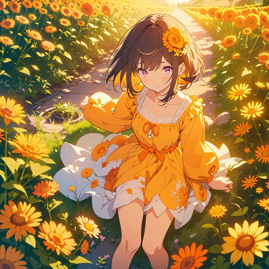 kawaii, anime, Cute, hyper quality, highly detailed, 8k, Clarity, Draw facial expressions in detail, Girl with long dark brown hair and green eyes, Girl with long pale pink hair and purple eyes looking back, Small and short calendula spreading underfoot, A hill where small and short calendula grow in clusters at the foot, Inciting point of view, Calendula petals are dancing, back to back, look down with a sad expression, Turning face, whole body, draw two people, small calendula at my feet, small Calendula officinalis at my feet, dress, farewell, Loneliness, sadness of parting, Sad, broken heart, A flower garden spreads out at your feet,