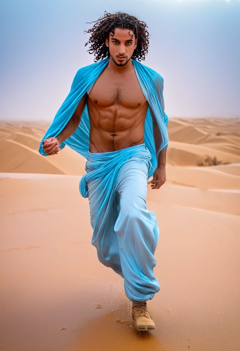 Handsome prince of the desert people, Arab man, in the cape of the desert Arab princes, light Arab pants, dark curly hair, dreadlocks, bright light blue eyes, athletic body, dancing in the desert on the sand, cloudy, rain, wet, drops, wet body,  full body, full pose, realistic heavy rain