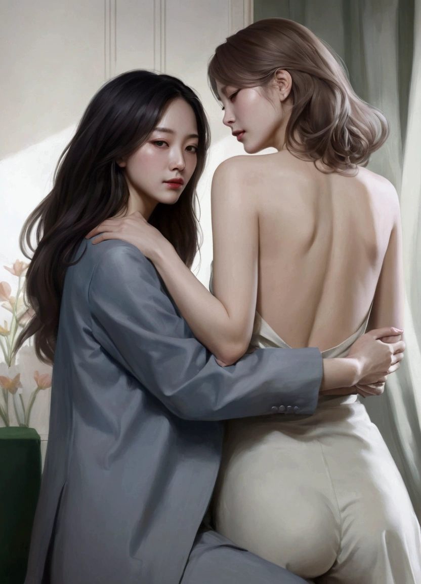 painting of two women hugging each other in a room, Spectacular painting, Lesbian Art, In the art form of the pond, By Li Song, two women, elegant digital painting, โดย Jeong Seon, By Yang J, Soft digital painting, Digital Drawing Arts, Style in digital painting, Hot digital painting, Digital art of elegance, digital art images