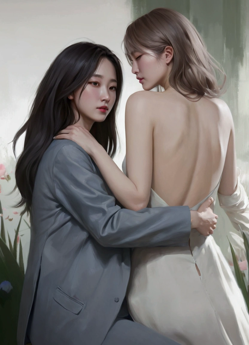 painting of two women hugging each other in a room, Spectacular painting, Lesbian Art, In the art form of the pond, By Li Song, two women, elegant digital painting, โดย Jeong Seon, By Yang J, Soft digital painting, Digital Drawing Arts, Style in digital painting, Hot digital painting, Digital art of elegance, digital art images