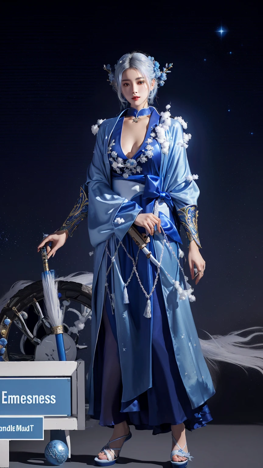 there is a beautiful woman in a blue dress holding a gun, lunar themed attire, cloud mage robes, full body xianxia, astral witch clothes, cotton cloud mage robes, multilayered outfit, inspired by Leng Mei, clothes themed on a peacock mage, costume with blue accents, fantasy outfit, full portrait of elementalist, dark blue and white robes