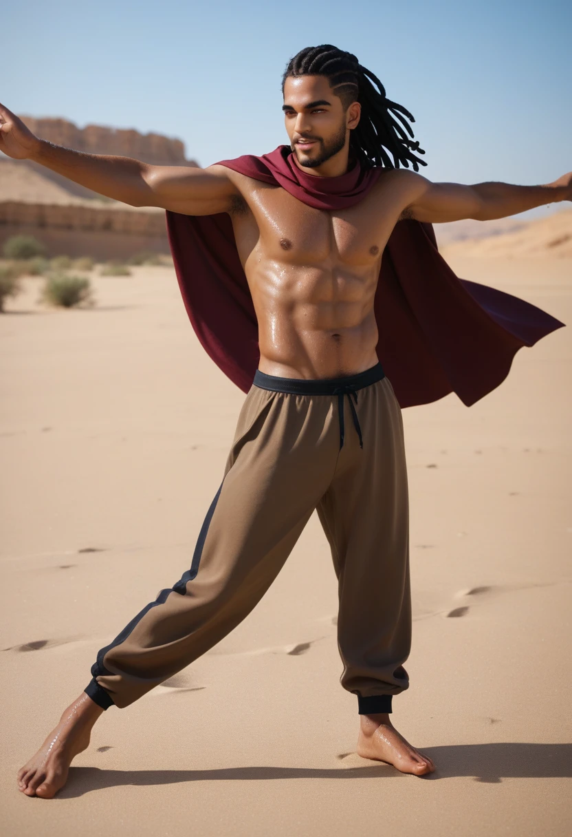 Handsome prince of the desert people, Arab man, in the cape of the desert Arab princes, light Arab pants, dark curly hair, dreadlocks, bright light blue eyes, athletic body, dancing in the desert on the sand, cloudy, rain, wet, drops, wet body, full body, full pose, realistic heavy rain