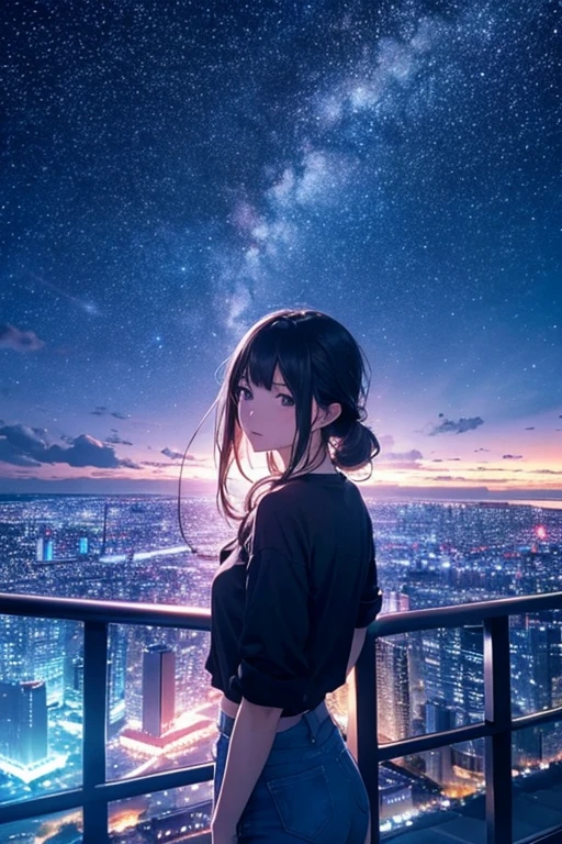 Highest quality、Ultra high definition、Beautiful starry sky、In the foreground you can see the calm sea and beyond it the neon lights of the city.