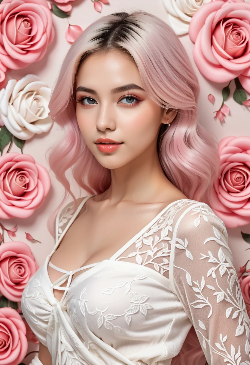 Feminine, high detail and quality, 8K Ultra HD, 3D, beautiful woman, plump, night, mysterious rose, fashion magazine cover, seamless pattern, neutral pastel colors, mysterious off-white world, fabric art, art station, (a large number of detailed designs in pastel style that combine magic and fantasy: 1.3), splashes, wallpaper design aesthetics, white tones, realistic, super realistic, full color and impressive.