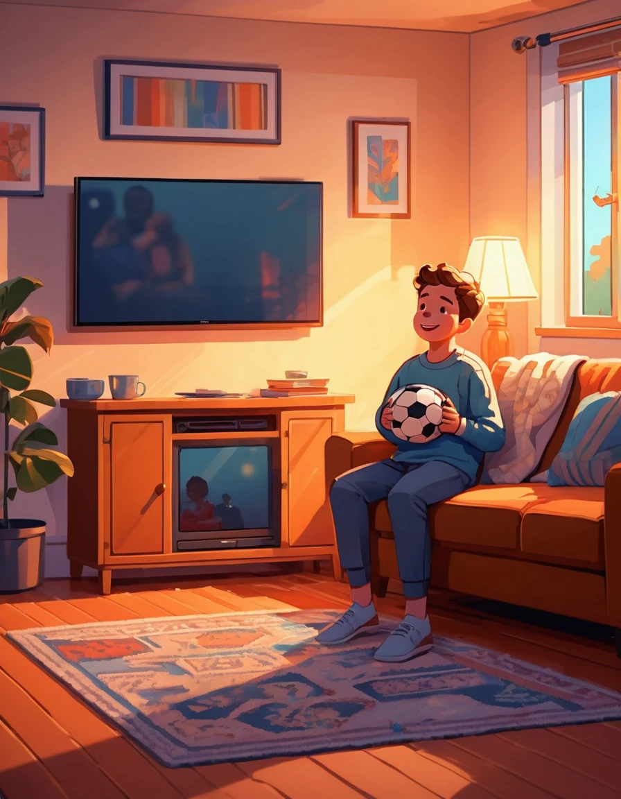 a happy watching soccer on tv in a cozy living room, mother nearby, warm lighting, vibrant colors, 1boy, cozy interior, comfortable living room, mother figure, pixel-style art, animated facial expressions
