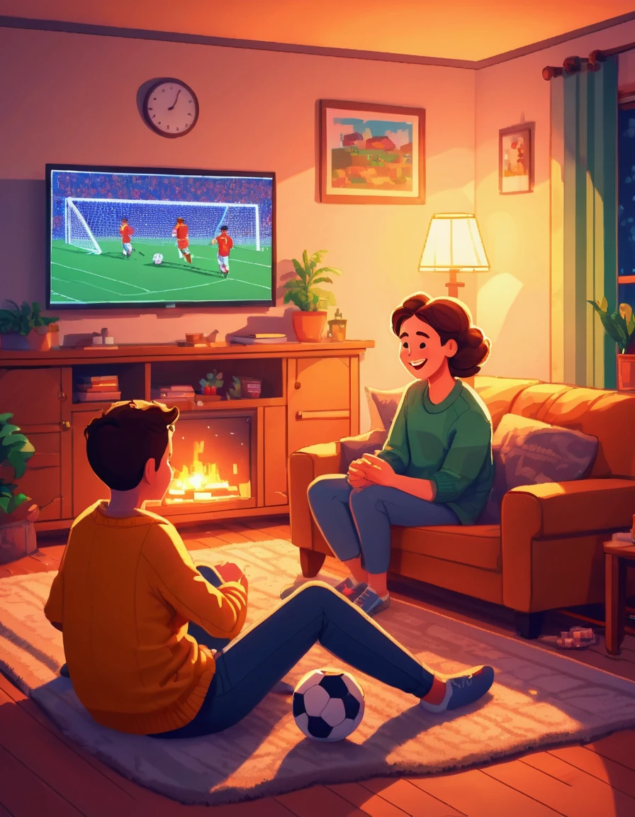 a happy watching soccer on tv in a cozy living room, mother nearby, warm lighting, vibrant colors, 1boy, cozy interior, comfortable living room, mother figure, pixel-style art, animated facial expressions