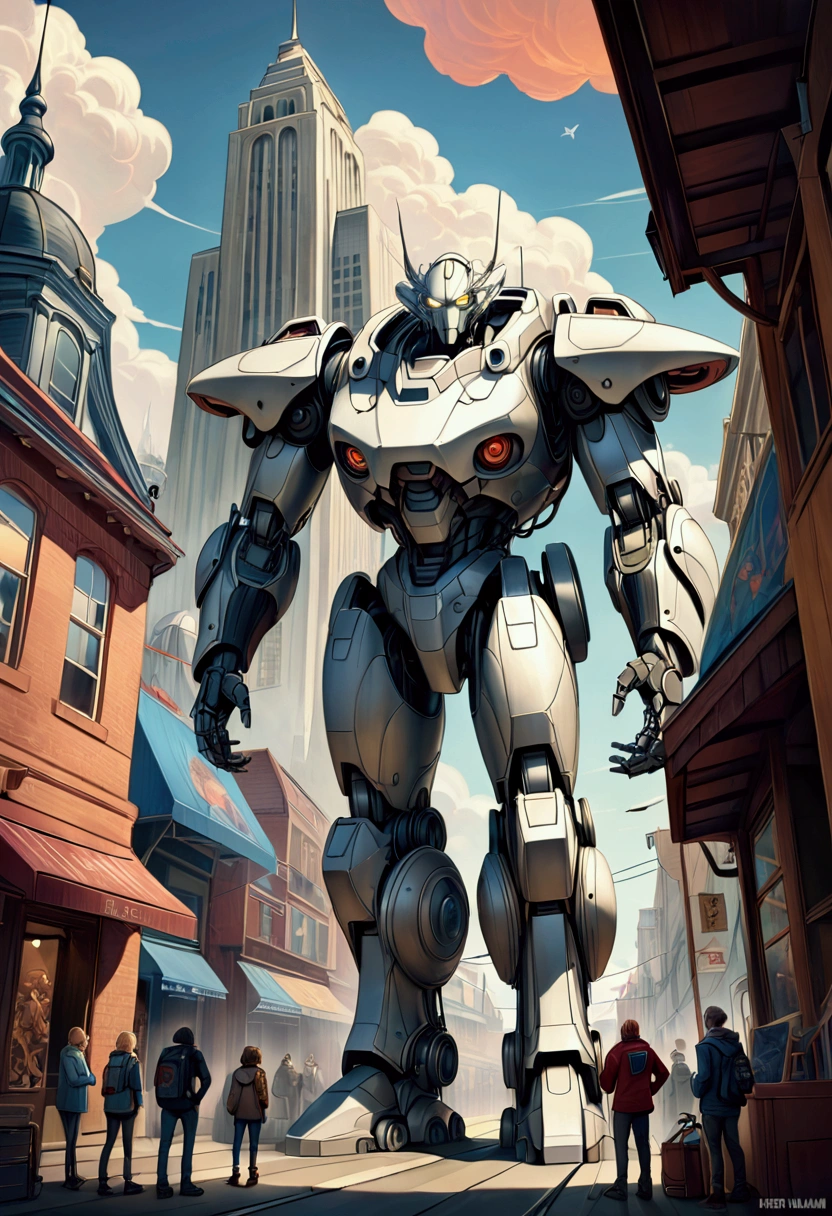 There&#39;s a drawing of a futuristic city with a giant robot head., Non-human faces, Peter Glick and Dan Mumford, Beksinski and James Jean, Michael Whelan and Pixar, Justin Gerard and Greg Lutkowski, style：Daniel Merriam, andreas rocha and john howe , Weta Studios and James Jean, Larry McDougall  