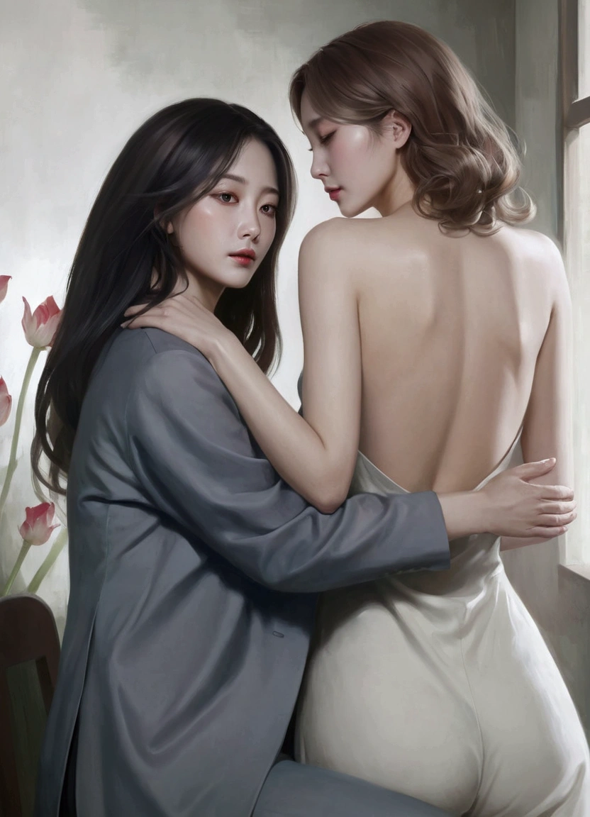 painting of two women hugging each other in a room, Spectacular painting, Lesbian Art, In the art form of the pond, By Li Song, two women, elegant digital painting, โดย Jeong Seon, By Yang J, Soft digital painting, Digital Drawing Arts, Style in digital painting, Hot digital painting, Digital art of elegance, digital art images