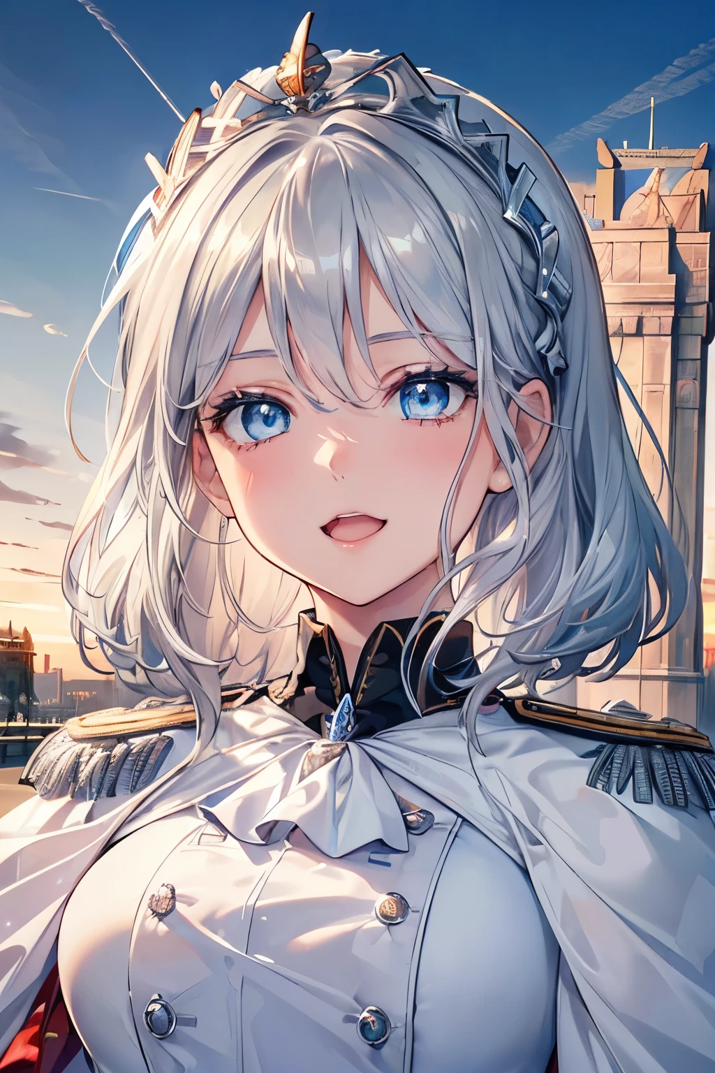 (Best quality,4K,8K,High resolution,Masterpiece:1.2),Super detailed,(Actual, Realistic),
break,
((Beautiful clear blue eyes:1.2)),very kind eyes,eyes wide open,beautiful eyelashes,beautiful lower eyelashes,
break,
((Beautiful and shiny silver hair:1.3)),A dazzling smile, a bursting smile, an open mouth laugh,
break,
BREAK (british guards uniform:1.4),
break,
very happily,((bust shot)),zoom in,((Buckingham Palace:1.3))