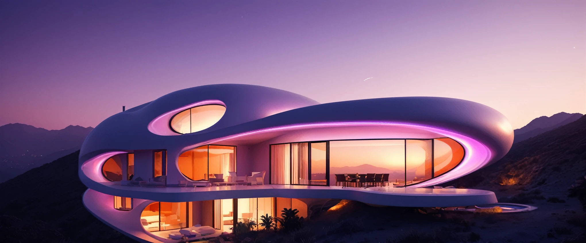 a multi-level house with a satelite dish and antenna array on the rooftop, at sunset, in the mountain side, cgsocietywlop, beautiful curves, intricate devilish designs, qualia, interesting shapes & form, wow factor, elaborate polished, architectural rendering, miami, bioluminescent, colorfull, glow fluid, orange and purple soft lighting in interior of house, futuristic battlefield, inspired by James E. Brewton, precise architectural rendering 