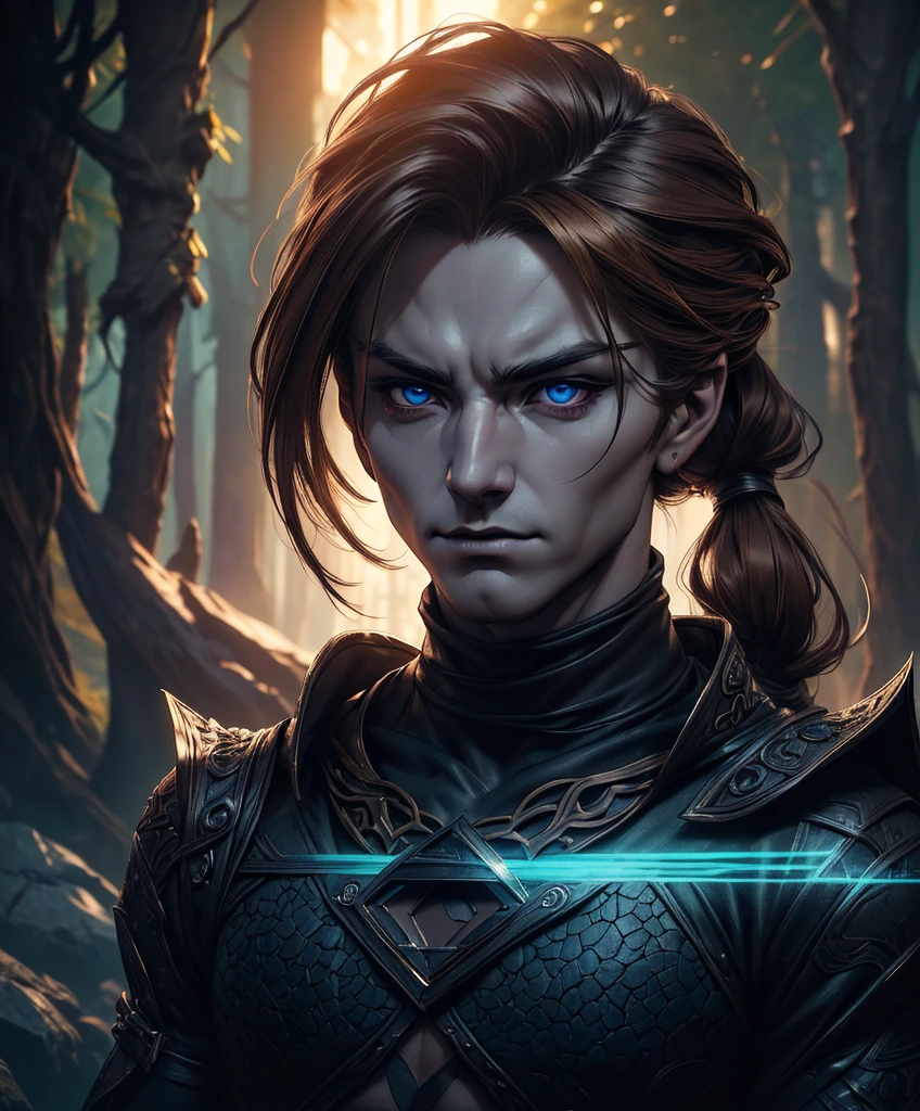 score_9, score_8_up, score_7_up, ( (((Solo focus))) (((Appears to be 20 years old with youthful looks.))) Design a fantastic male character for a dark fantasy setting. He is darkly handsome, with a hint of sinister personality. Long blond hair in a ponytail. Serious and intense gaze. His attire is fantasy attire with black and brown colors. Mysterious and enigmatic androgynous appearance. Dungeons & Dragons character portrait, intricate details, solo focus, unreal engine, sharp focus, dappled lighting, (backlighting:0.7), film grain, photographed on a Sony A7R IV, 18mm F/1.7 cine lens,