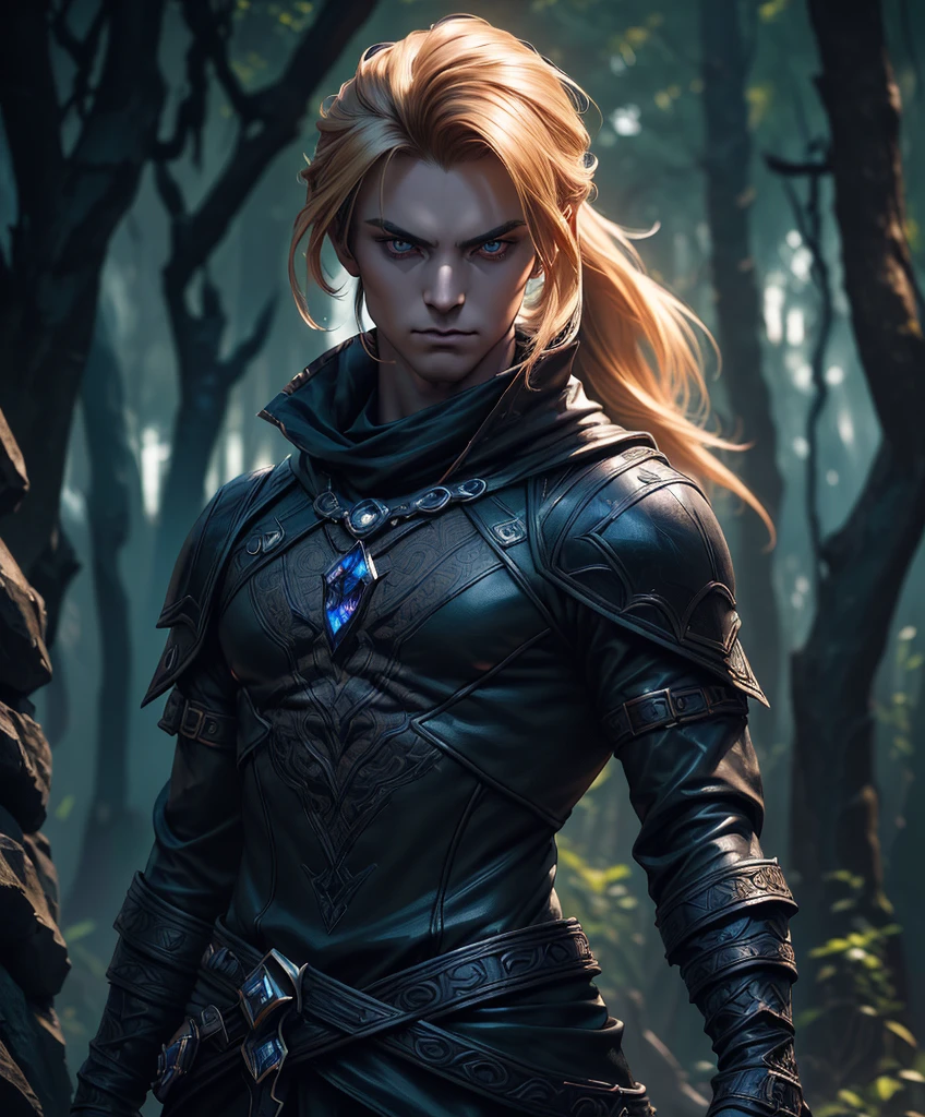 score_9, score_8_up, score_7_up, ( (((Solo focus))) (((Appears to be 20 years old with youthful looks.))) Design a fantastic male character for a dark fantasy setting. He is darkly handsome, with a hint of sinister personality. Long blond hair in a ponytail. Serious and intense gaze. His attire is fantasy attire with black and brown colors. Mysterious and enigmatic androgynous appearance. Dungeons & Dragons character portrait, intricate details, solo focus, unreal engine, sharp focus, dappled lighting, (backlighting:0.7), film grain, photographed on a Sony A7R IV, 18mm F/1.7 cine lens,