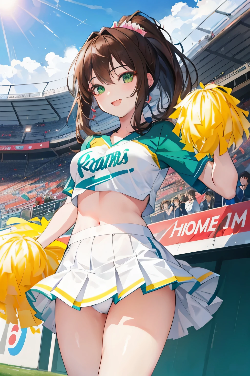 ((masterpiece, Highest quality, High resolution, 超High resolution, Pixel perfect, Written boundary depth, 4K, RTTX 10.0, High resolution))), 1 girl, single, alone, Beautiful Anime Girls, Beautiful art style, Anime characters, ((Shortcuts, bangs, Dark brown hair)), ((Green Eyes:1.4, Round eyes, Beautiful eyelashes, current eyes)), ((Smooth texture:0.75, Anime CG style)), Medium chest, ((Dynamic Angle, close)), Perfect body, (pretty girl), 1girl, solo, Baseball stadium setting with a lively atmosphere. A single cheerleader in a vibrant, colorful uniform stands near the stands, cheering energetically. She holds pom-poms and is mid-dance, with a big smile on her face. The background shows excited fans in the stands, some waving flags and wearing team colors. The field and some players warming up can be seen in the distance. The scene is sunny and bright, capturing the lively energy of a game day.