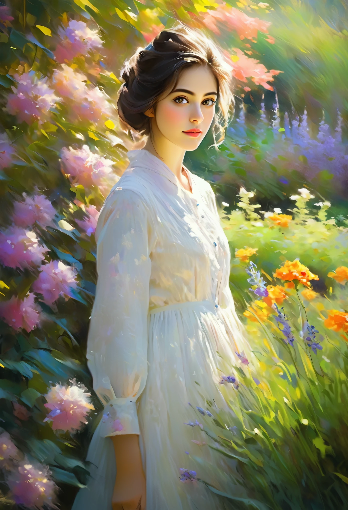 (Girl in a Garden Inspired by Claude Monet,Beautiful attention to detail,Beautiful lip detail,Highly detailed eyes and face, Long eyelashes, Impressionist techniques, Vibrant colors, Breathtaking visual effects, Eternal Silence, oil,Ultra-fine painting, Professional, Vibrant colors, Sharp focus, High resolution, Physically Based Rendering, Masterpiece:1.2, High resolution, 超High resolution, Studio Lighting, romantic, Soft brushwork, Quiet atmosphere)