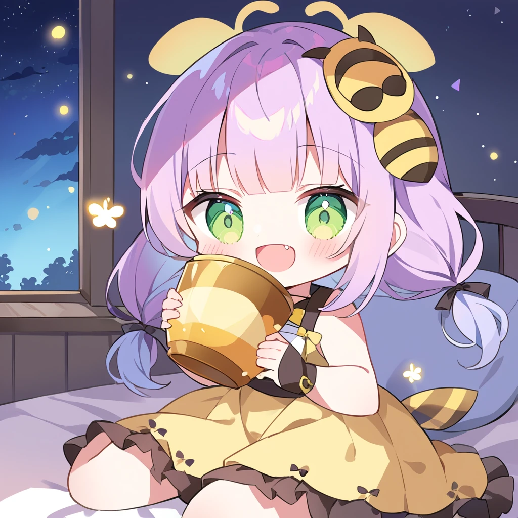 Top quality, masterpiece,a chibi girl
, peal purple and blunt bangs hair, twin braids,green eyes, eyes closed, mouth wide open and screaming, blushing, smilng,fangs,(a girl wears a bee tail and a bee mask and holds a honey pot.:1.4),night lit,bed room,