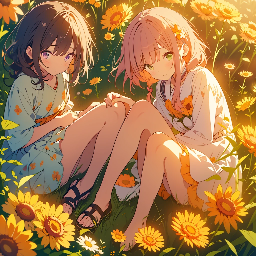 kawaii, anime, Cute, hyper quality, highly detailed, 8k, Clarity, Draw facial expressions in detail, Girl with long dark brown hair and green eyes, Woman with long light pink hair and purple eyes looking back, Small and short calendula spreading underfoot, A hill where small and short calendula grow in clusters at the foot, Inciting point of view, Calendula petals are dancing, back to back, look down with a sad expression, whole body, draw two people, small calendula at my feet, small Calendula officinalis at my feet, dress, farewell, Loneliness, sadness of parting, Sad, broken heart, A flower garden spreads out at your feet,