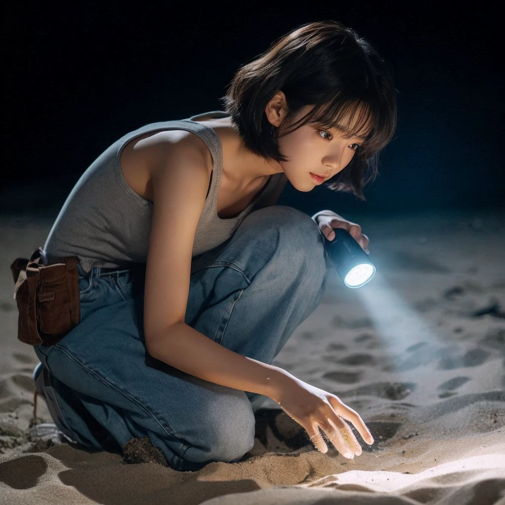 photo realistic, a Korean girl, short hair, wearing a gray tanktop, short jeans, was squatting on the beach with his hands raking through the sand and piles of small white eggs, outdoor atmosphere on the beach at night, pitch black, flashlight focused on him.