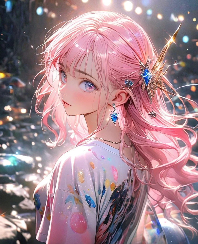 8K,gal,an extremely delicate and beautiful,Beautiful and realistic skin,Shiny jewel-like earrings,Shine like glitter long pink hair,beautiful eyes,full body,ニットワンピース,Tシャツ,ファッションモデル