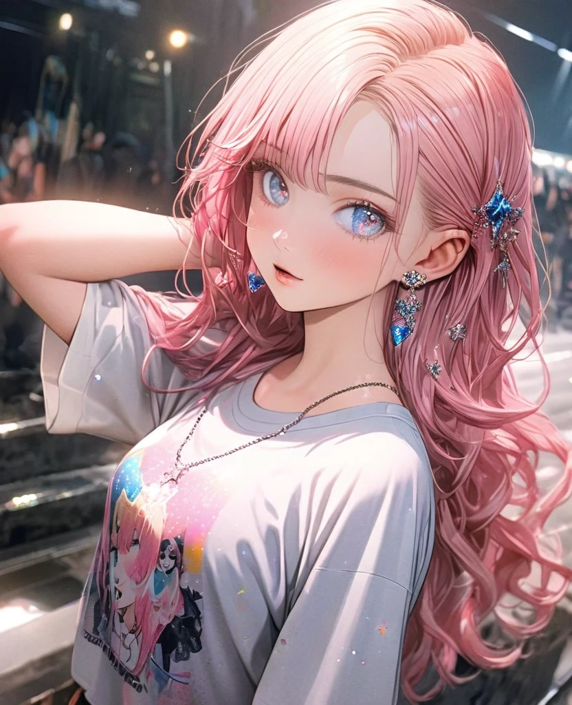 8K,gal，an extremely delicate and beautiful,Beautiful and realistic skin,Shiny jewel-like earrings,Shine like glitter long pink hair,beautiful eyes,full body,ニットワンピース,Tシャツ,ファッションモデル