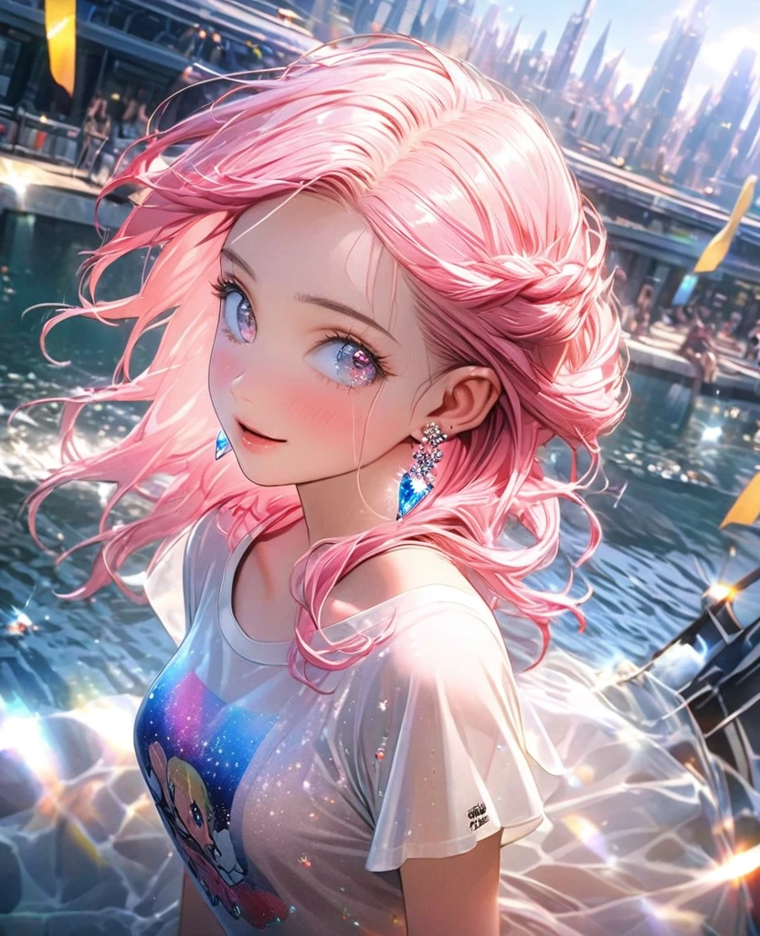 8K,gal，an extremely delicate and beautiful,Beautiful and realistic skin,Shiny jewel-like earrings,Shine like glitter long pink hair,beautiful eyes,full body,ニットワンピース,Tシャツ,ファッションモデル
