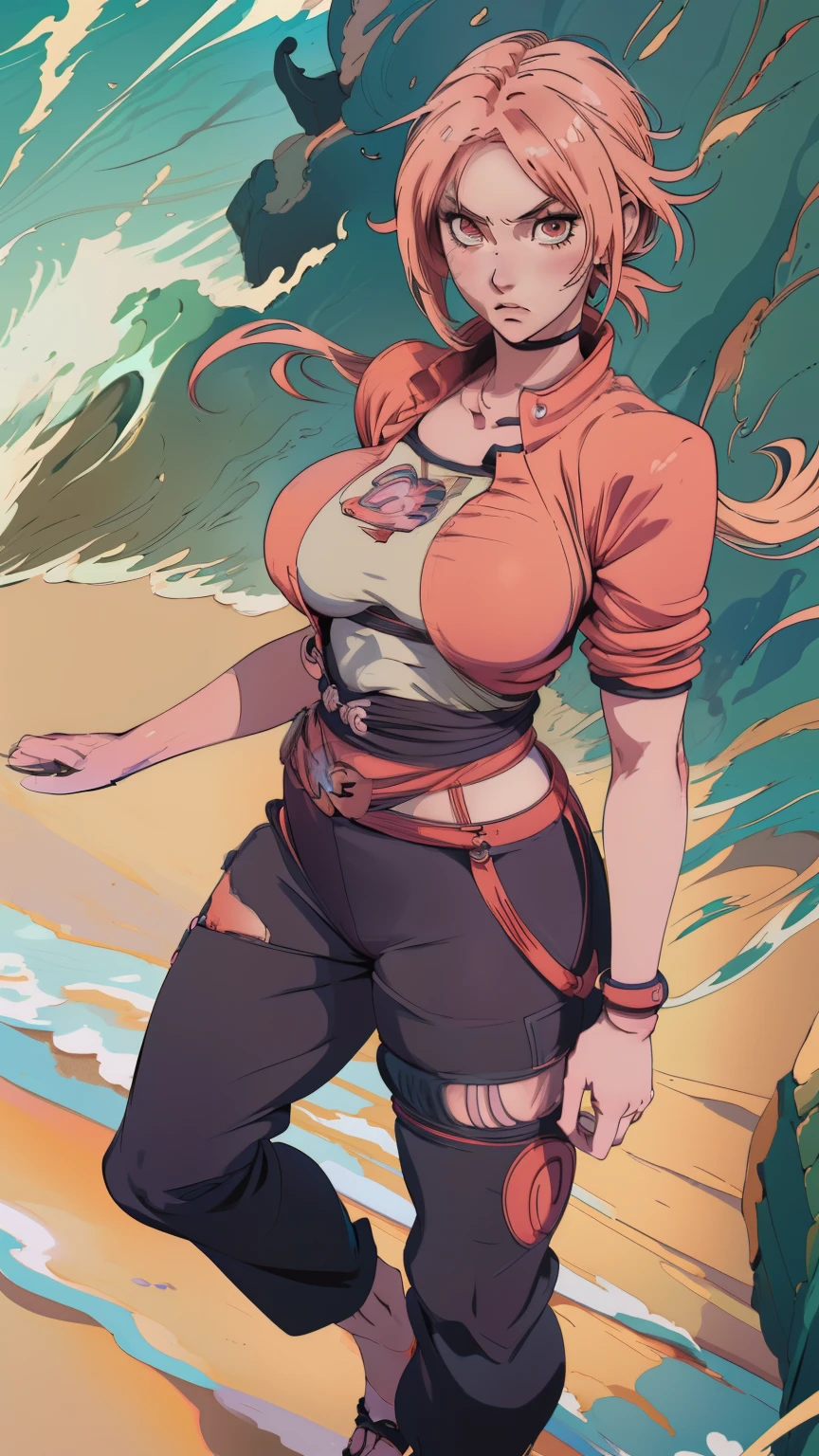 Woman with very large breasts standing on the beach, tsunade From Naruto, Non-covering clothing, With big breasts, Fully dressed. Sexy painting, With big breasts, Badass anime 8k, split, Inspired by Kusumi Morikage, From Attack on Titan, Female action anime girl, Female anime character, From Naruto, Seductive anime girl