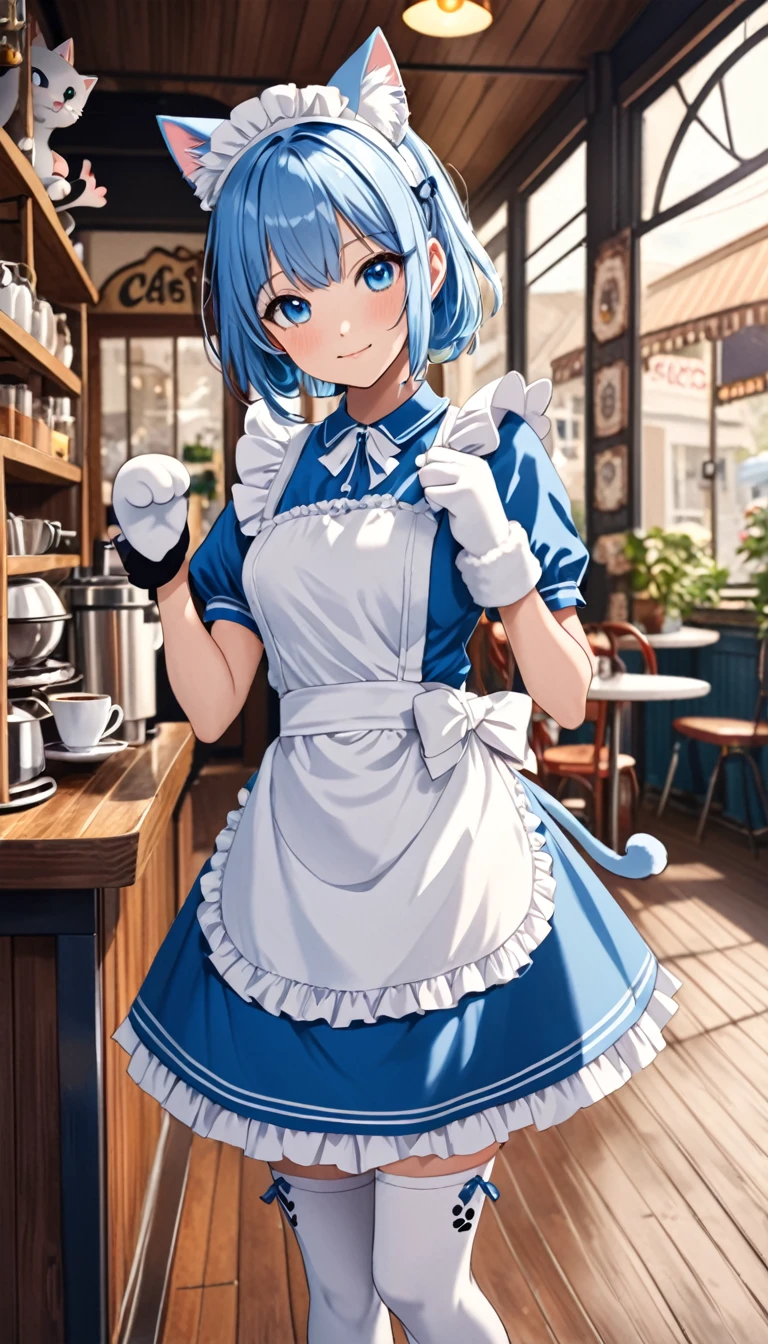 an adorable girl in a blue and white cat-themed maid outfit, with cat ears, a tail, and paw gloves, posing with a playful expression, standing in front of a vintage cafe, full-body portrait with her head fully visible within the frame, cinematic composition,