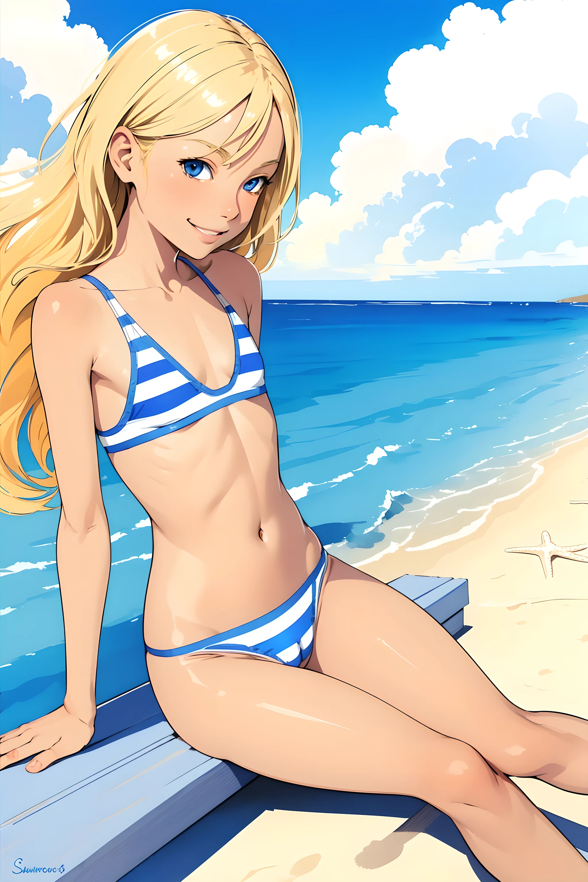 (superflat, flat shading, flat colors:1.1), (seaside), 1girl, ******, 8yo, slim, flat chest, (tanned skin:0.6), blonde hair, blue eyes, (striped panties), cover breasts, smile, blue sky, bright sunlight, best shadows, watercolor, cameltoe