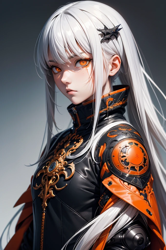 style of Tsutomu Nihei,(incredibly absurdres, (high resolution:1.18), intricate detail, (masterpiece:1.1), (highest quality:1.1), absurdres),(1girl, portrait, white hair, orange eyes, long hair, detailed eyes),