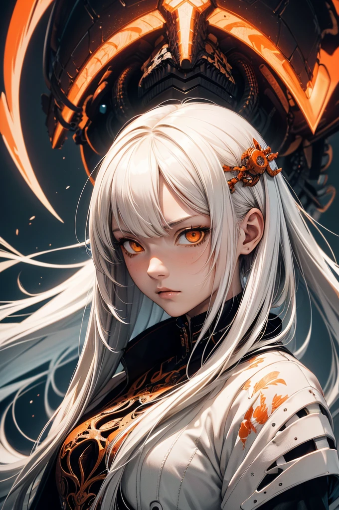 style of Tsutomu Nihei,(incredibly absurdres, (high resolution:1.18), intricate detail, (masterpiece:1.1), (highest quality:1.1), absurdres),(1girl, portrait, white hair, orange eyes, long hair, detailed eyes),