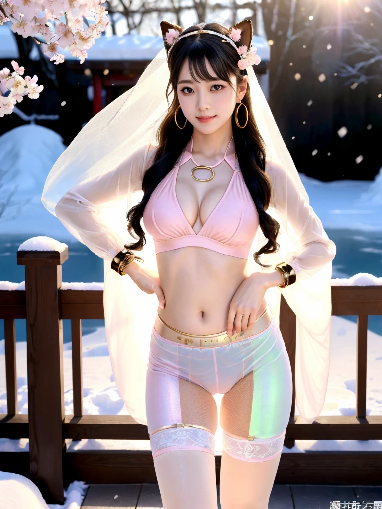A female model, (Race:Chinese),((night),(Snowy mountain hot spring, moonlight)), (8K Ultra HD, 8K, Ultra-high resolution, best quality, masterpiece, Surrealism, Digital SLR Camera, Soft Light, Bokeh), ((((Beautiful model-like face))), (Creating the image of a real girl), warm light, Realistic shadows, Dynamic poses, Elegant Posture, Cowboy lens, Full body front view, Be confident, Body facing the camera, Standing facing the camera, Open your legs slightly, Golden Ratio Graphics, Minimalism), (Happy smile, Big watery eyes, Cherry Blossom, Balanced Eyes, Perfect beautiful face, Normal facial features, Realistic skin, Attention to skin details, Sports body, cosmetic, earrings, bracelet, necklace, Jewelry, veil, Hair accessories, Headdress), ((beautiful hair), black hair, Wavy curly hairstyle, Waist-length hair, Messy Hairstyle, Gradient hairstyles, Cyberpunk hairstyle), ((Transparent clothes：1.5), (The color of the clothes: Peach), Transparent Clothes, See-through clothes, Transparent Clothes, Tulle clothes, Mesh clothes, Transparent shirt, No pants, No skirt, Three-point underwear), (Sexy的, Perfect breast shape, Teardrop chest shape, Snow-white breasts, very detailed breasts, 34E cup), (Super high waist, Deep V, Low-cut, Sexy, Flattering, , (Camel toe, High fork strangulation)), (sock, Knee socks, 吊garter, Leg ring, garter, 腿部garter), (pattern:stripe)