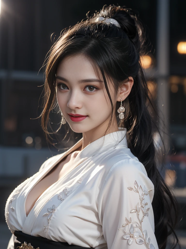 1 beautiful girl in Hanfu costume, ((thin black and white silk shirt with many patterns)), white lace shirt, long platinum purple ponytail. Hair, Jewelry, earrings, thin black silk scarf, carefully drawn big purple eyes, careful makeup, thin eyebrows, high nose, beautiful red lips, cheerful smile, pursed lips, rosy cheeks, wide chest, big chest, shapely chest, slim waist, shapely buttocks, purple mesh stockings, Chinese hanfu style, fictional art texture, many bright and realistic colors, RAW Photos, Realistic Photos , ultra high quality 8k surreal photo, (effective fantasy lighting effect: 1.8), 10 x pixels, magic effect (Background): 1.8), super detailed eyes, full body portrait of girl, vineyard, dynamic, pose