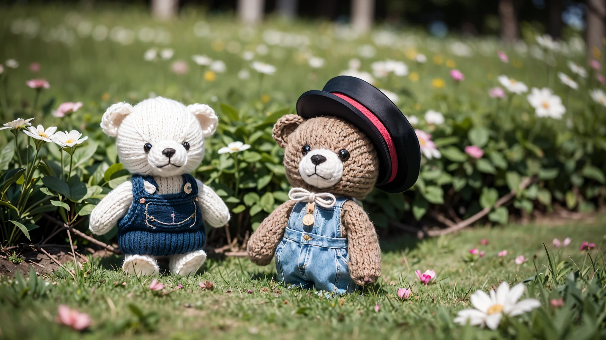 Knitted toy bear, Small anthropomorphic animals, Wearing a 17th century hat and antique clothing, Macro photography in the midst of lush grass, Dewdrops reflecting the surrounding environment, Very elaborate toy, I can see all the yarn in the toy., I can see every wrinkle in my clothes, Dragging all your belongings around, Cute Animals, Cute Toys,