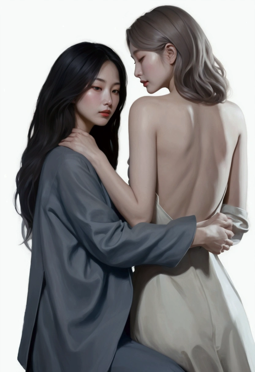 painting of two women hugging each other in a pose, Lesbian Art, โดย Jeong Seon, In the art form of the pond, two women, Spectacular painting, A woman holds another woman., By Li Song, two women, Lesbian embrace, Inspiration from Kim Deuksin, By Nil Gleyen, Style in digital painting, By Yang J