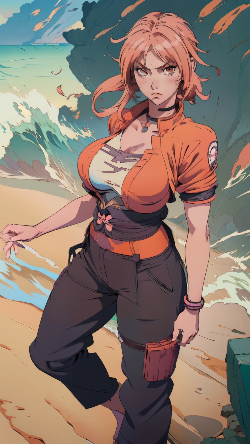 Woman with very large breasts standing on the beach, tsunade From Naruto, Non-covering clothing, With big breasts, Fully dressed. Sexy painting, With big breasts, Badass anime 8k, split, Inspired by Kusumi Morikage, From Attack on Titan, Female action anime girl, Female anime character, From Naruto, Seductive anime girl