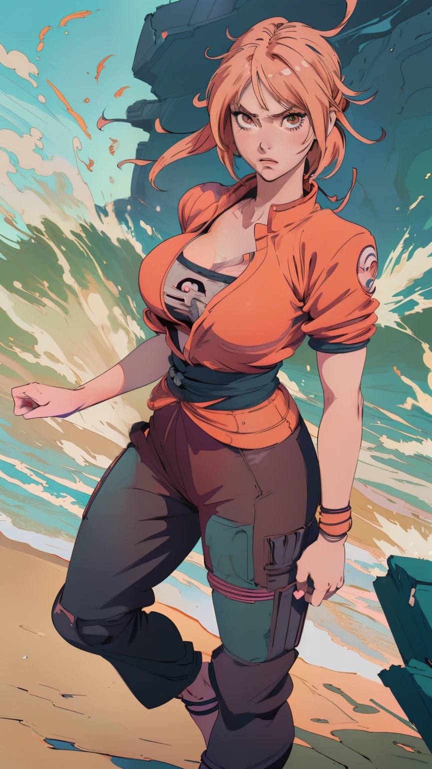 Woman with very large breasts standing on the beach, tsunade From Naruto, Non-covering clothing, With big breasts, Fully dressed. Sexy painting, With big breasts, Badass anime 8k, split, Inspired by Kusumi Morikage, From Attack on Titan, Female action anime girl, Female anime character, From Naruto, Seductive anime girl