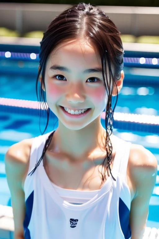Japan people、Skinny athletic model、Flat Chest、A 13-year-old like a junior idol、Indoor swimming pool、肩のSunburn markが見えている、Sweaty、Wet、Hairstyle:Tie it up at the back、smile、Sunburn mark、