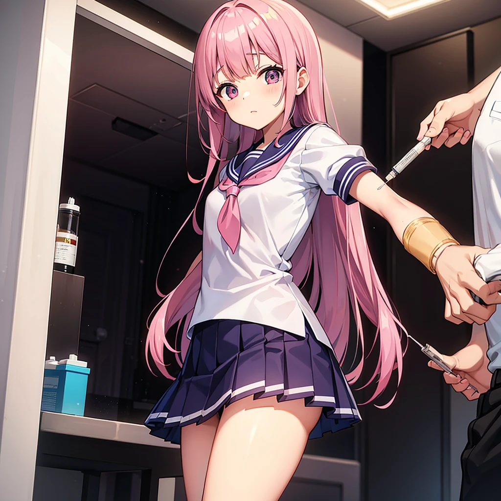 A pink-haired high school girl in a sailor uniform is getting vaccinated, a male doctor grabs your arm, takes out a syringe and injects it into your upper arm.